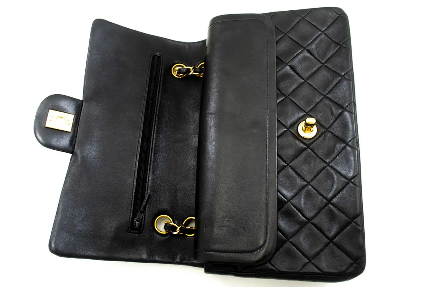CHANEL Classic Double Flap 10" Chain Shoulder Bag Black Lambskin n07