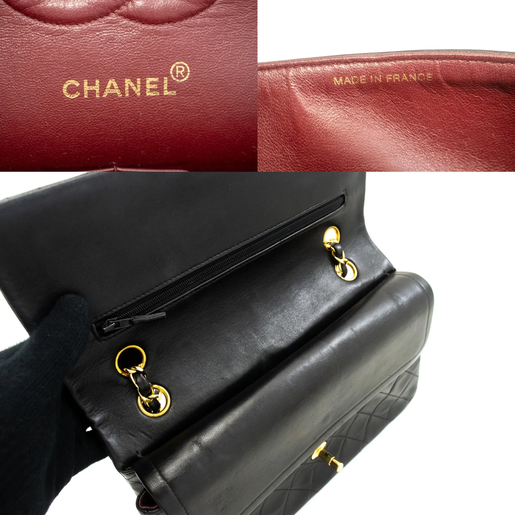 CHANEL Classic Double Flap 10" Chain Shoulder Bag Black Lambskin n07