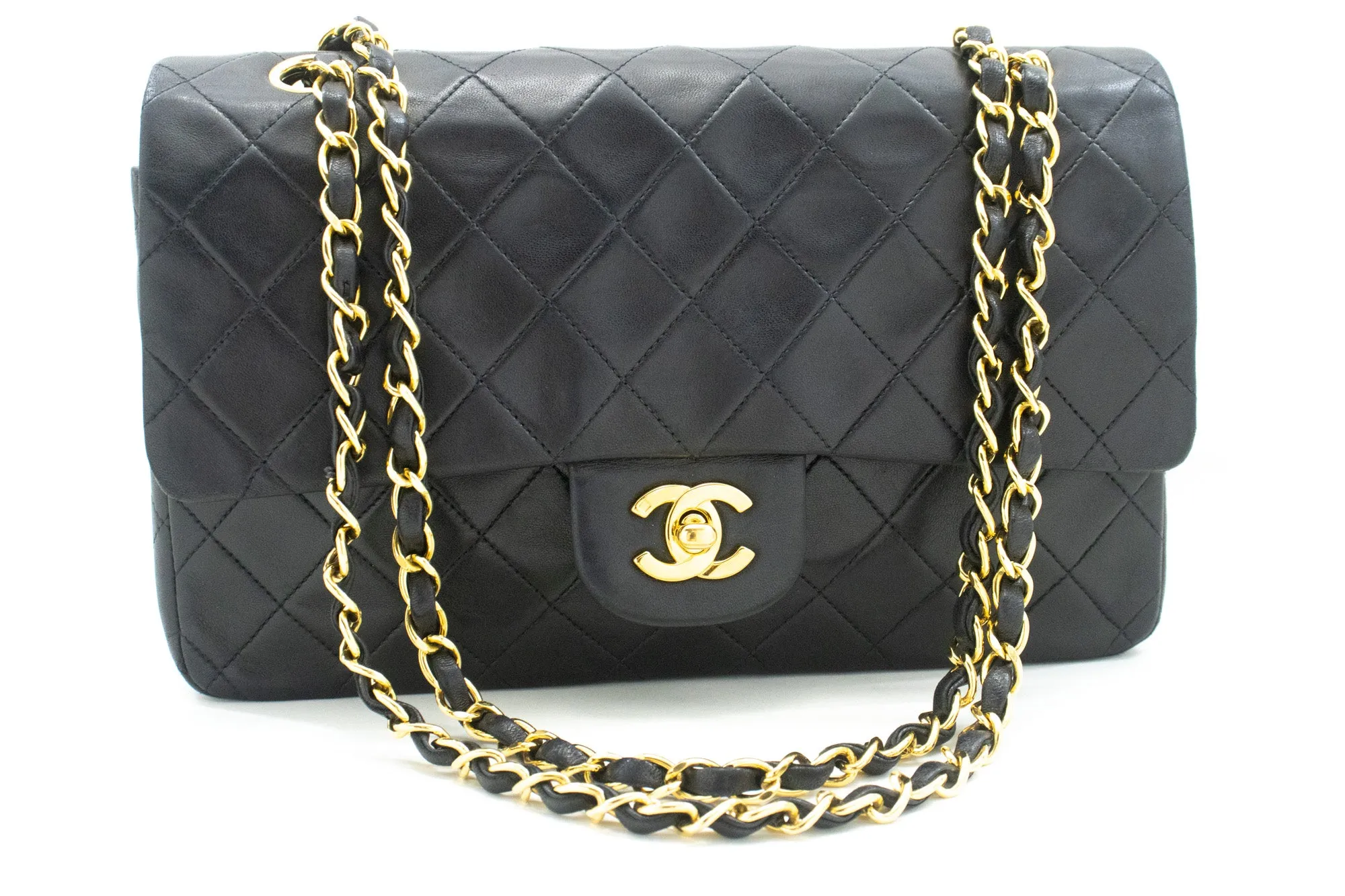 CHANEL Classic Double Flap 10" Chain Shoulder Bag Black Lambskin n07