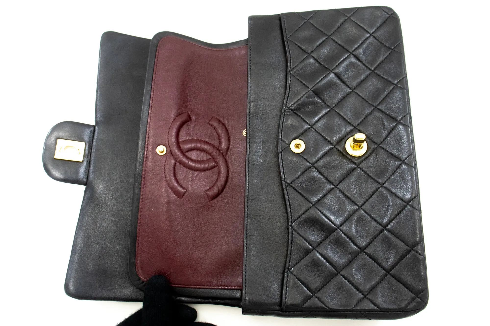 CHANEL Classic Double Flap 10" Chain Shoulder Bag Black Lambskin n07