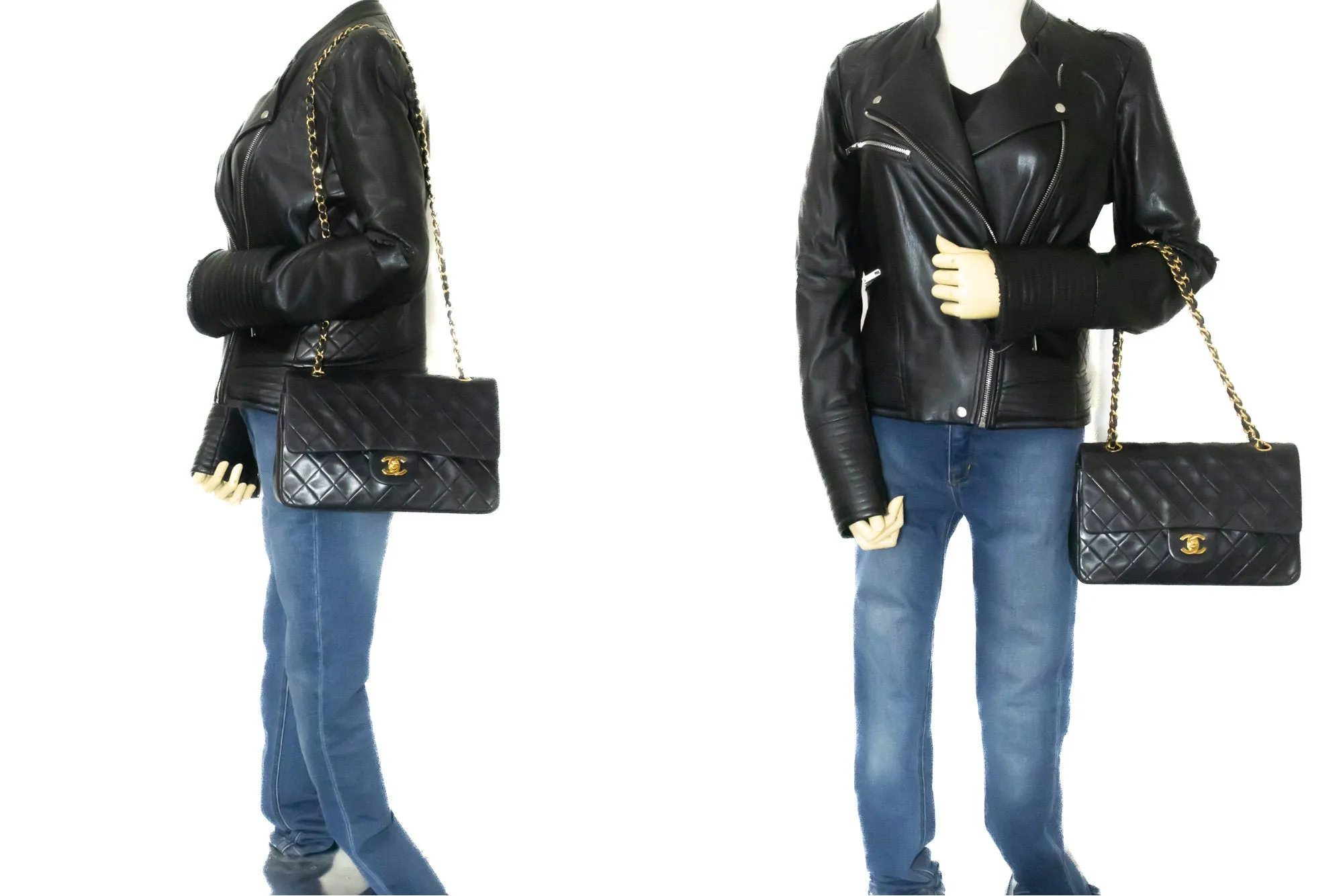 CHANEL Classic Double Flap 10" Chain Shoulder Bag Black Lambskin n07