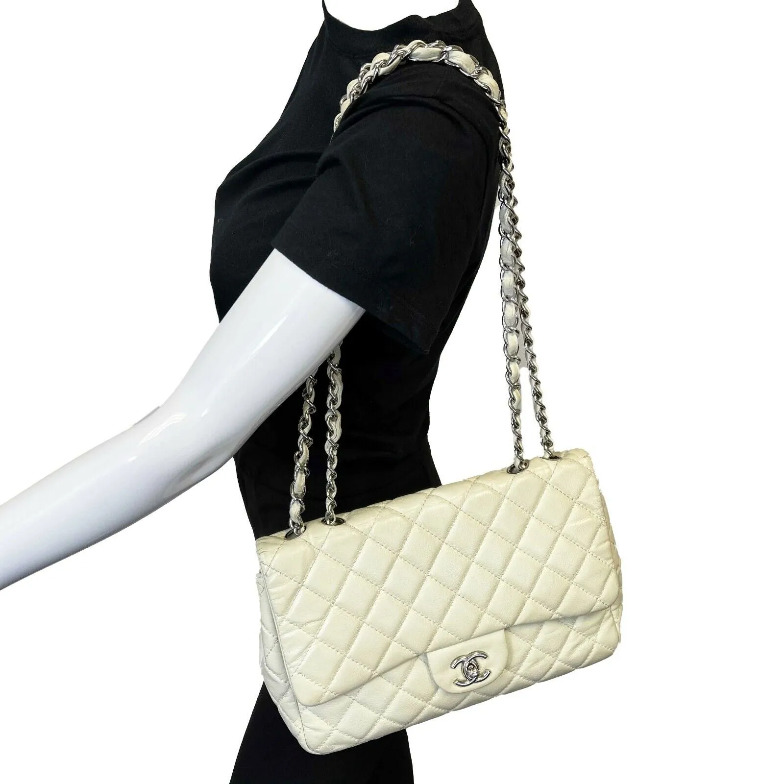 Chanel - Classic Flap - Ecru / Silver Tone CC Turnlock Crossbody / Shoulder Bag