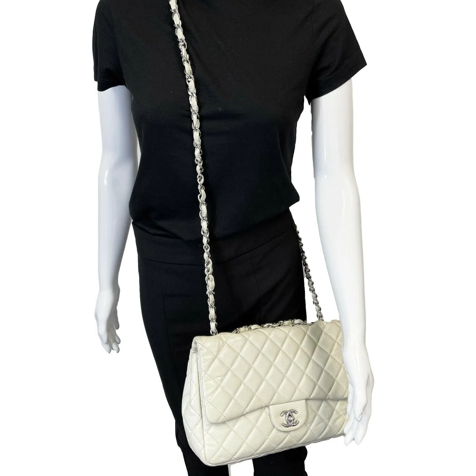 Chanel - Classic Flap - Ecru / Silver Tone CC Turnlock Crossbody / Shoulder Bag