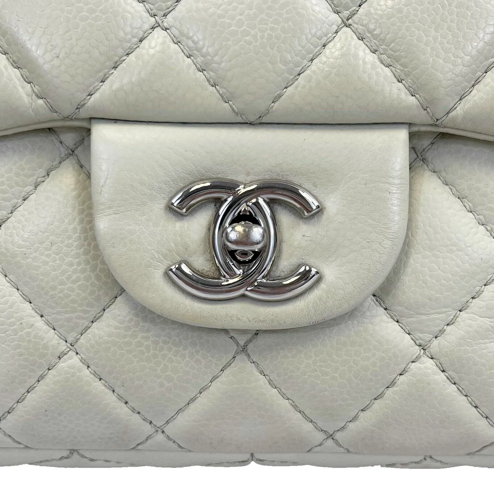 Chanel - Classic Flap - Ecru / Silver Tone CC Turnlock Crossbody / Shoulder Bag