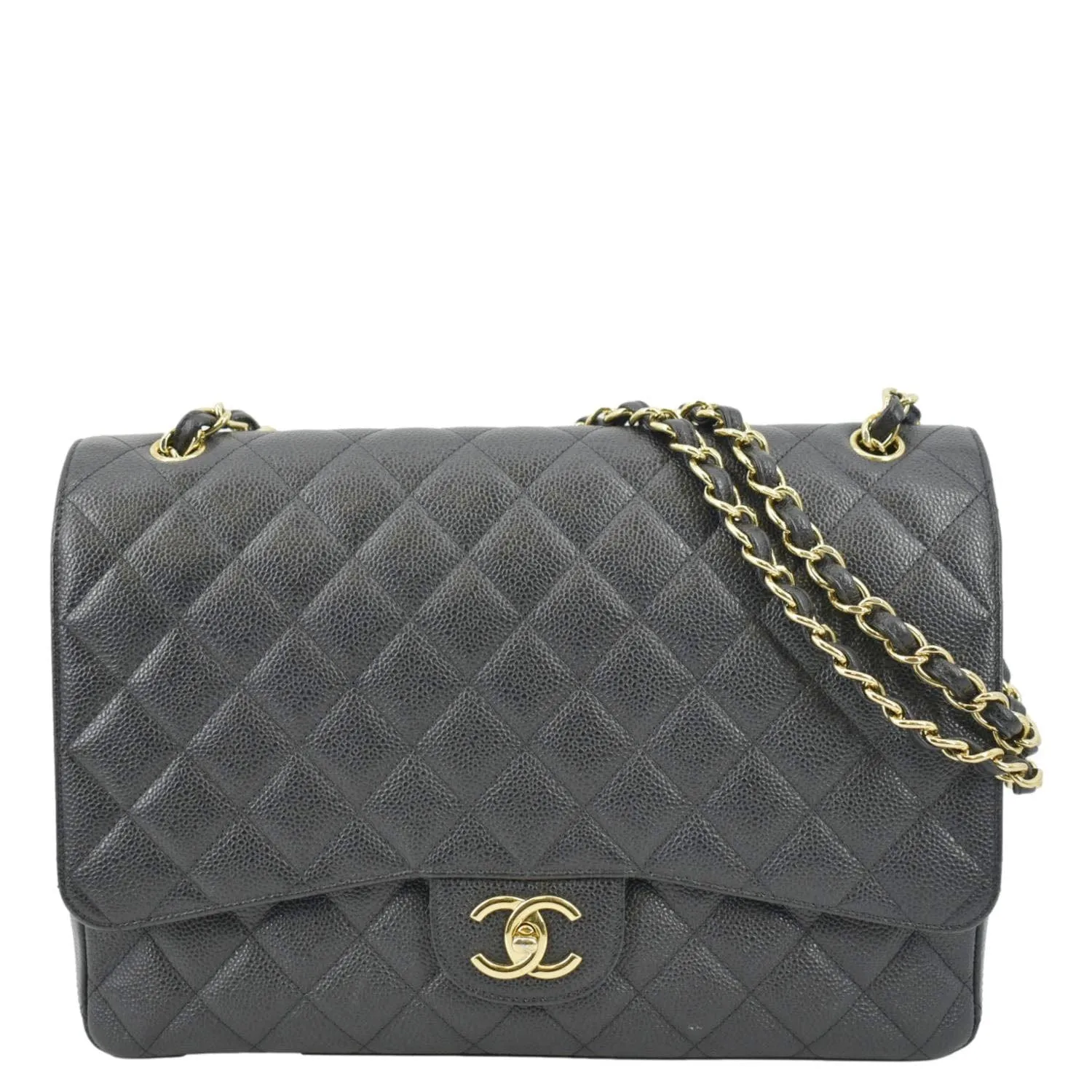 CHANEL Classic Maxi Flap Quilted Caviar Leather Shoulder Bag Black