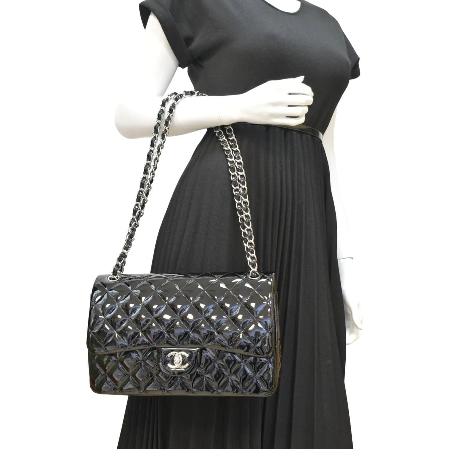 CHANEL Classic Medium Double Flap Patent Leather Shoulder Bag Black
