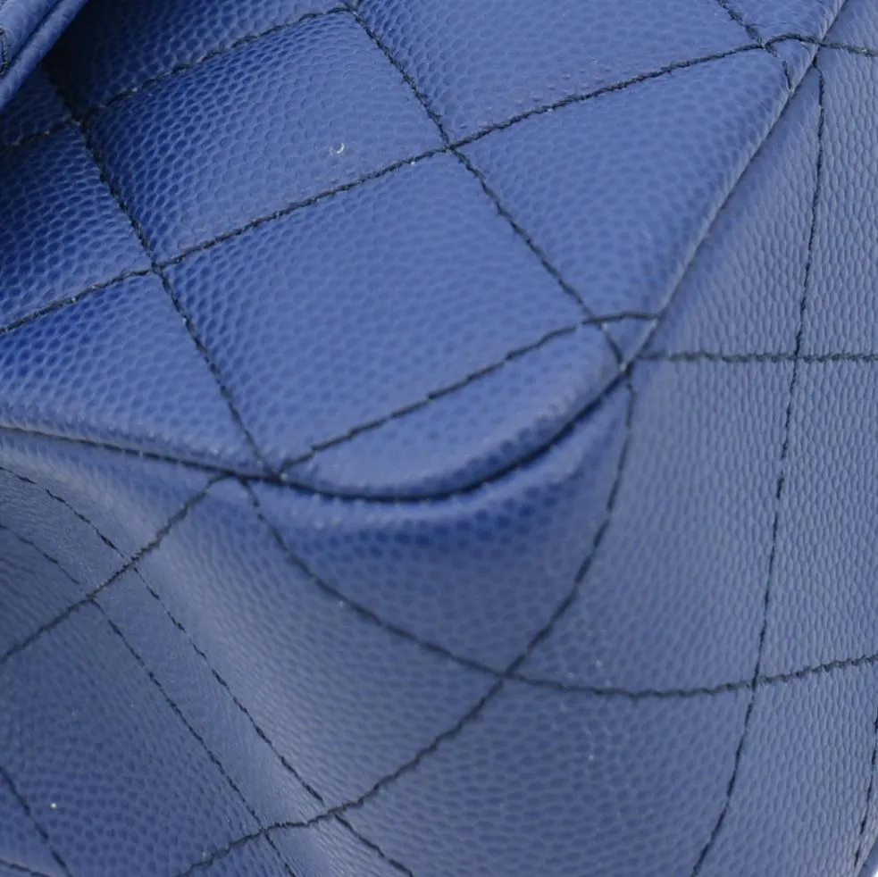 CHANEL Classic Medium Flap Quilted Caviar Leather Shoulder Bag Blue