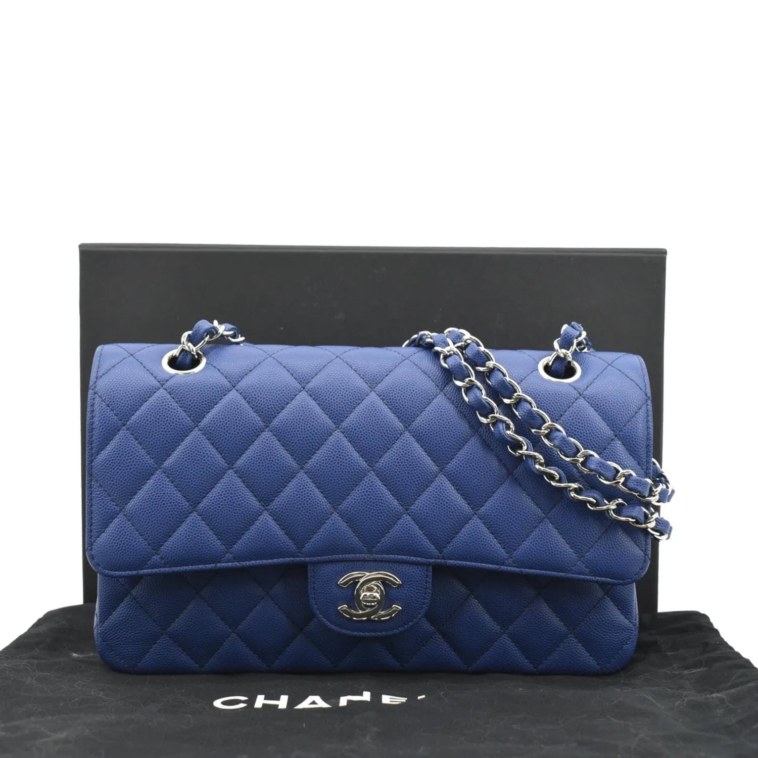 CHANEL Classic Medium Flap Quilted Caviar Leather Shoulder Bag Blue