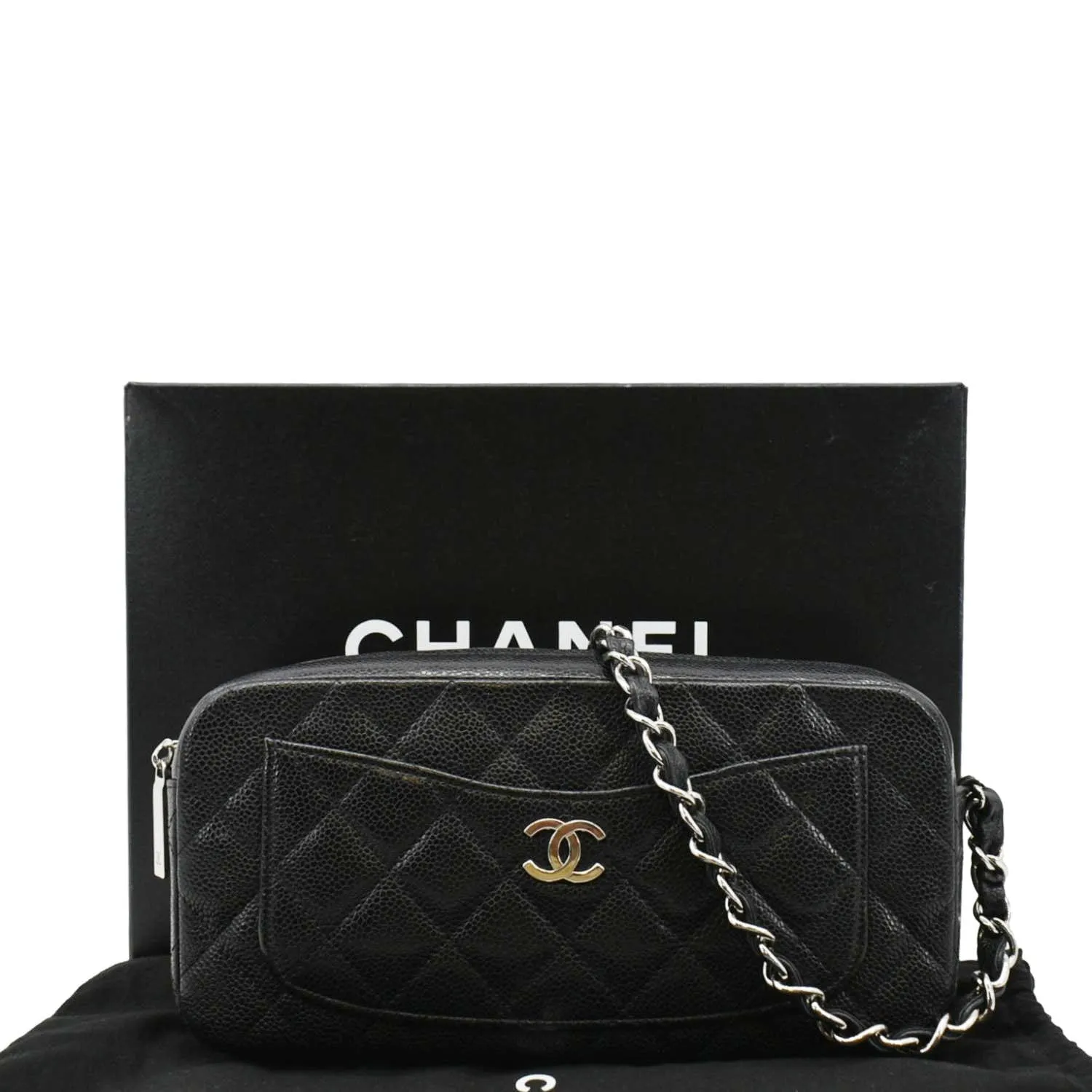 CHANEL Front Pocket Quilted Caviar Leather Chain Shoulder Bag Black