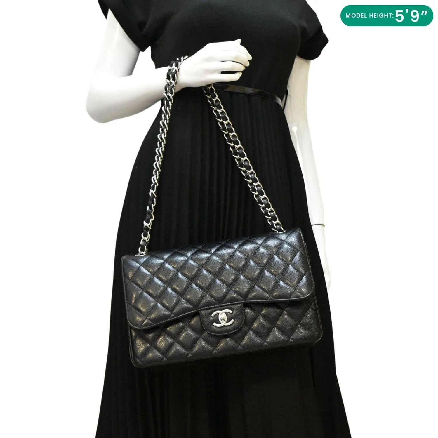 CHANEL Jumbo Double Flap Quilted Caviar Leather Shoulder Bag Black