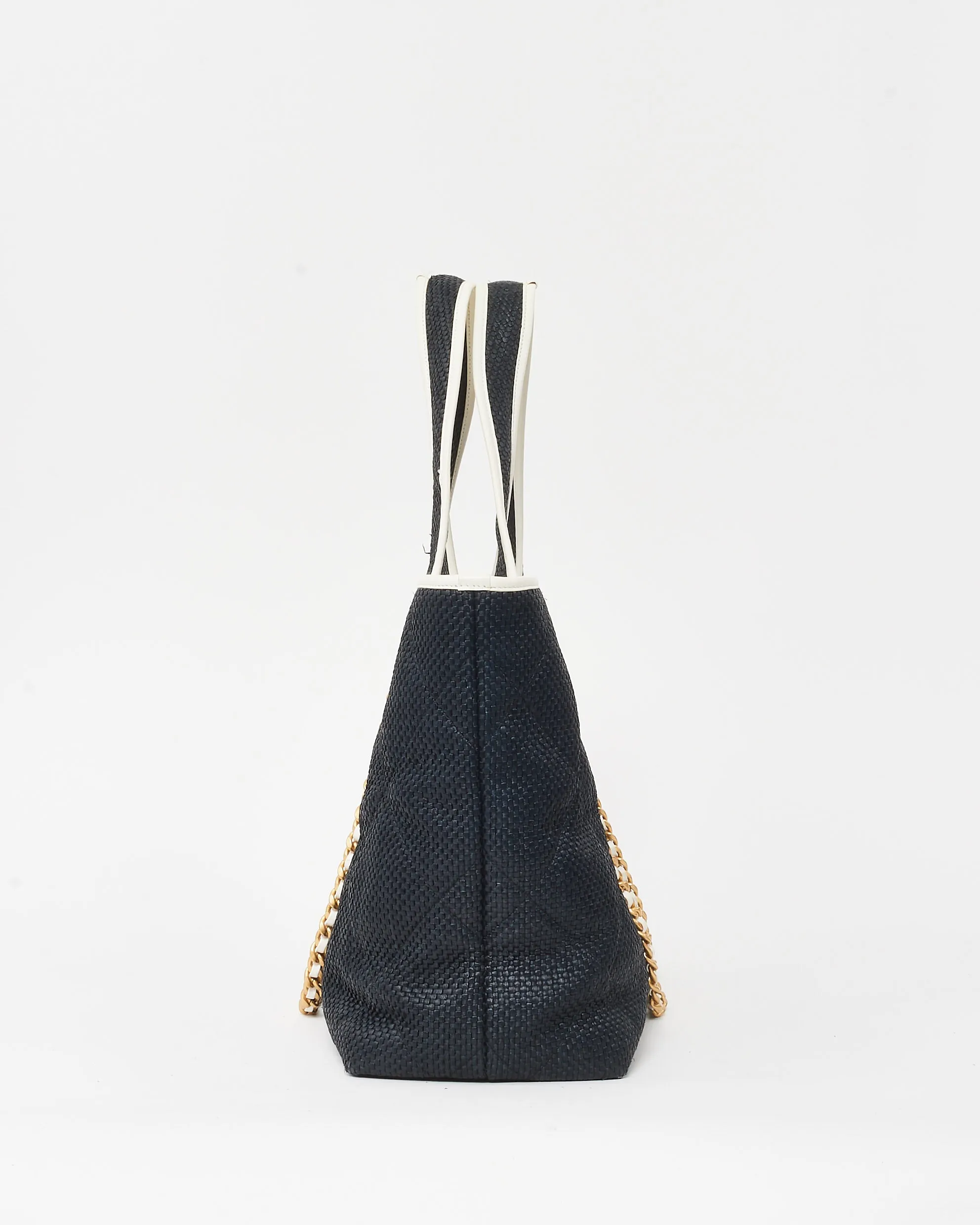 Chanel Navy Quilted Raffia Coco 2023 Shopper Tote with Chain