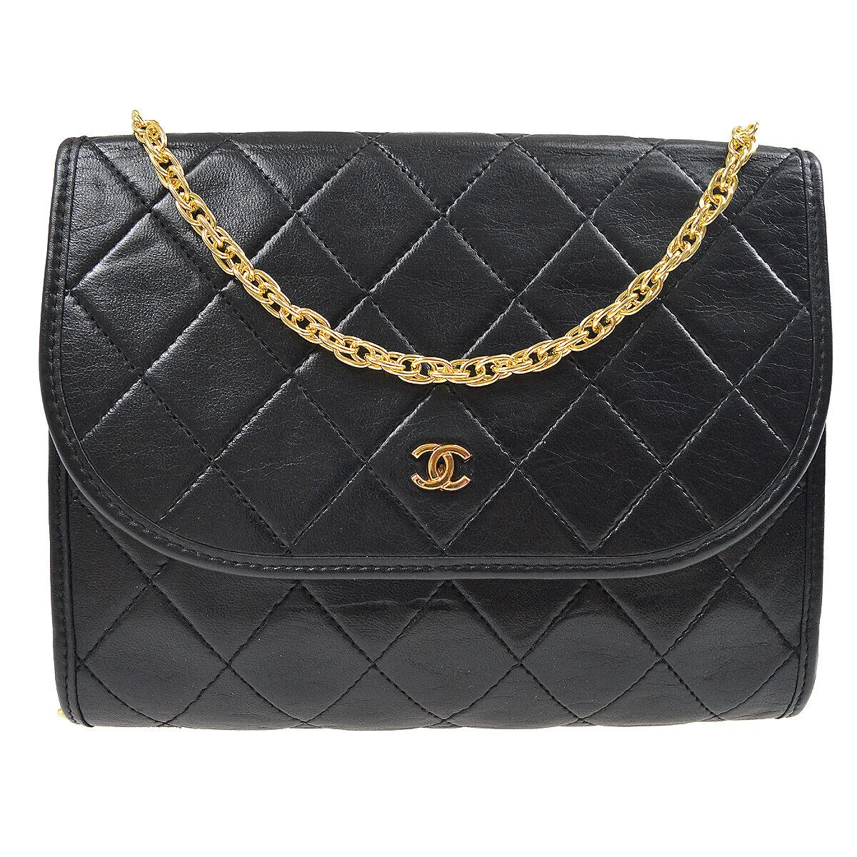 CHANEL Quilted CC Single Chain Shoulder Bag Purse Black Lambskin Vintage 80463
