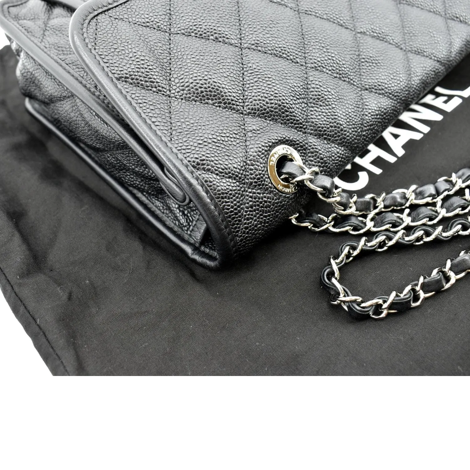 CHANEL Riviera Flap Large Quilted Caviar Leather Shoulder Bag Black