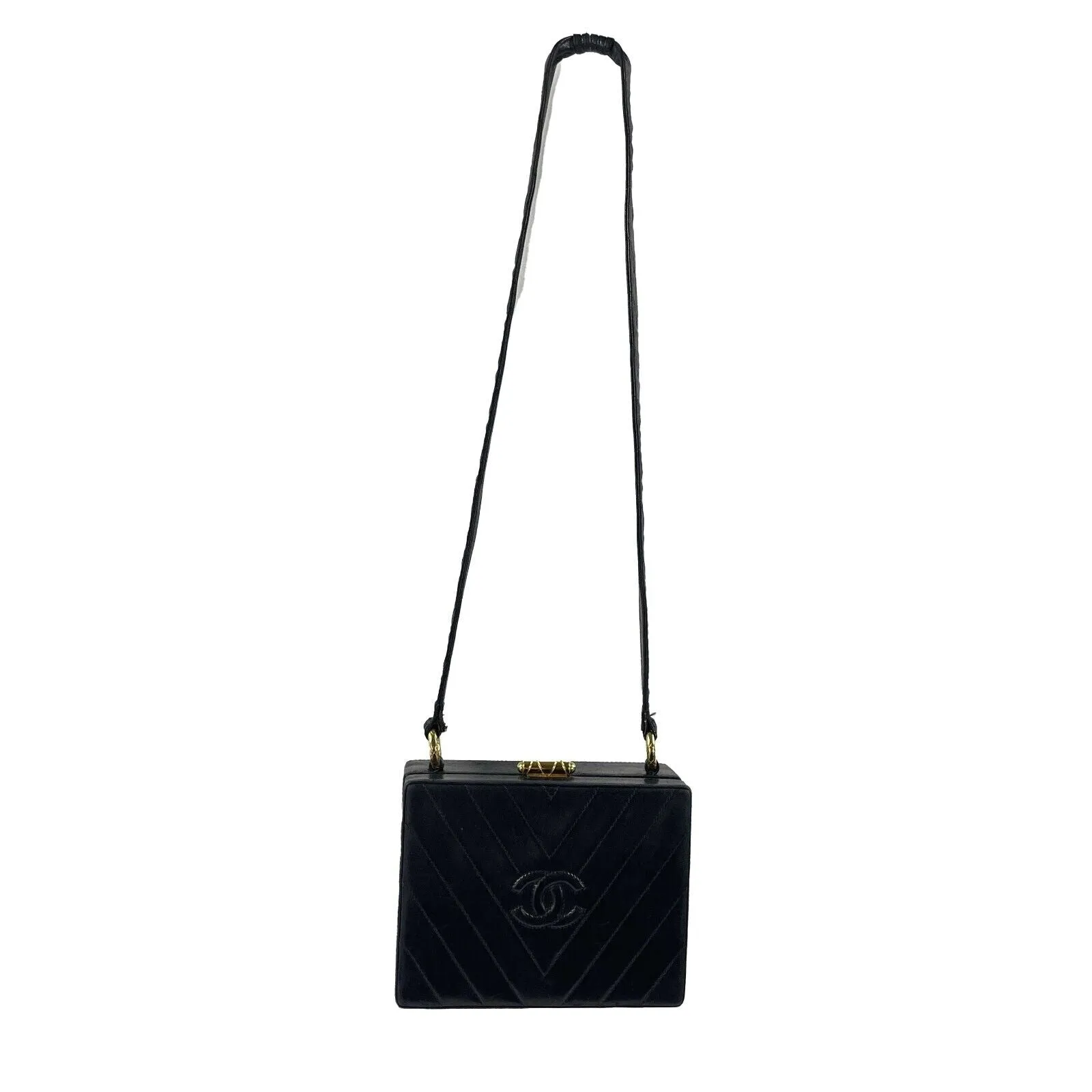 CHANEL - Vintage V-Stitched Black CC Leather Box Shoulder Bag / Crossbody