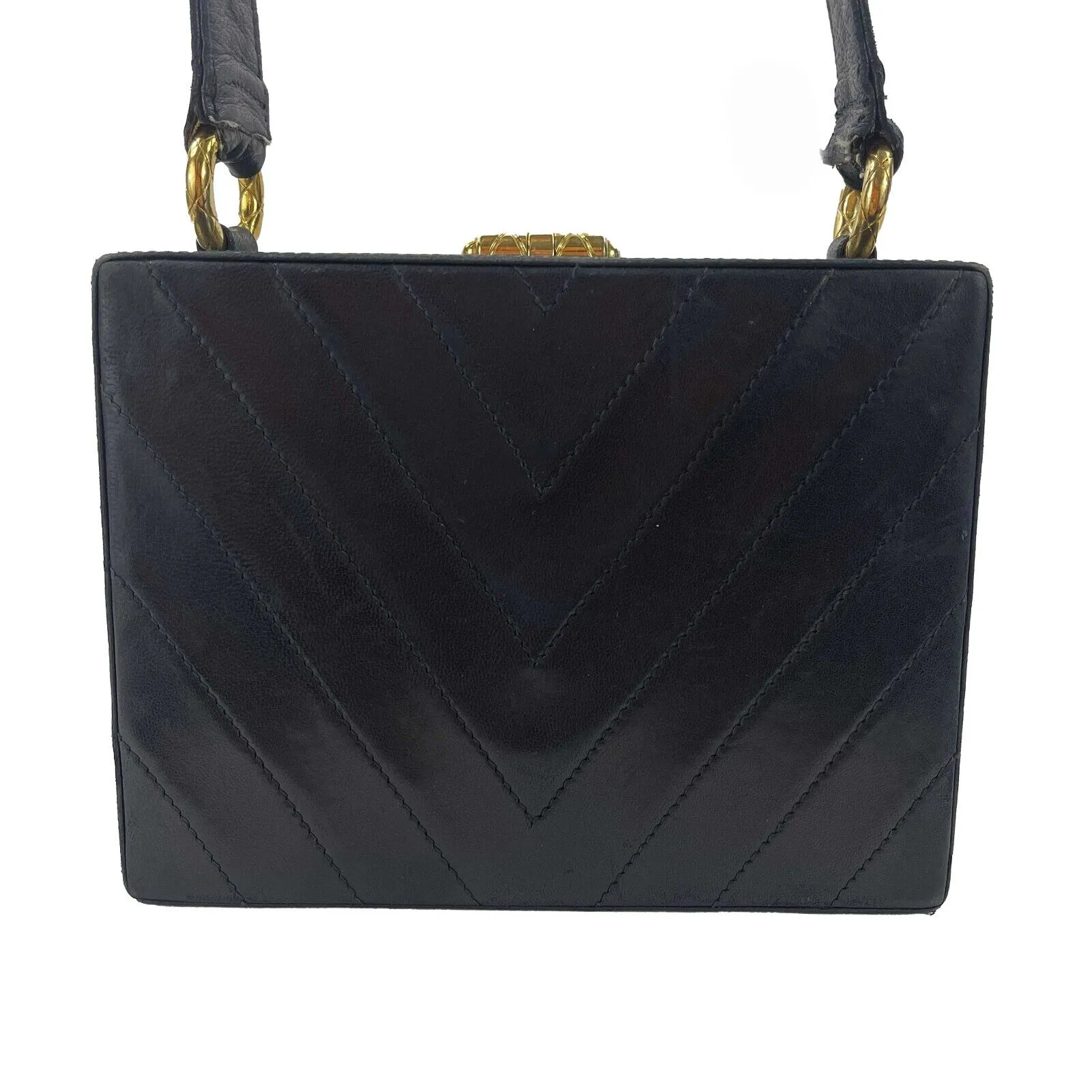 CHANEL - Vintage V-Stitched Black CC Leather Box Shoulder Bag / Crossbody