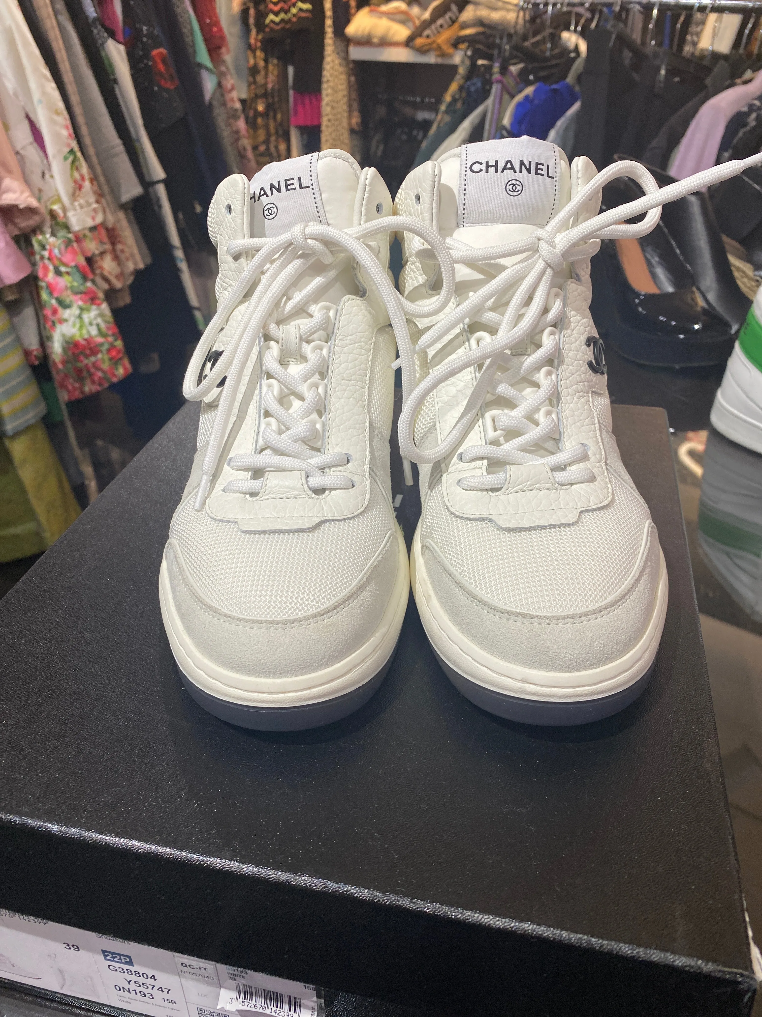 Chanel White Fabric, Suede, Calfskin and & Grained Calfskin High Top Sneaker