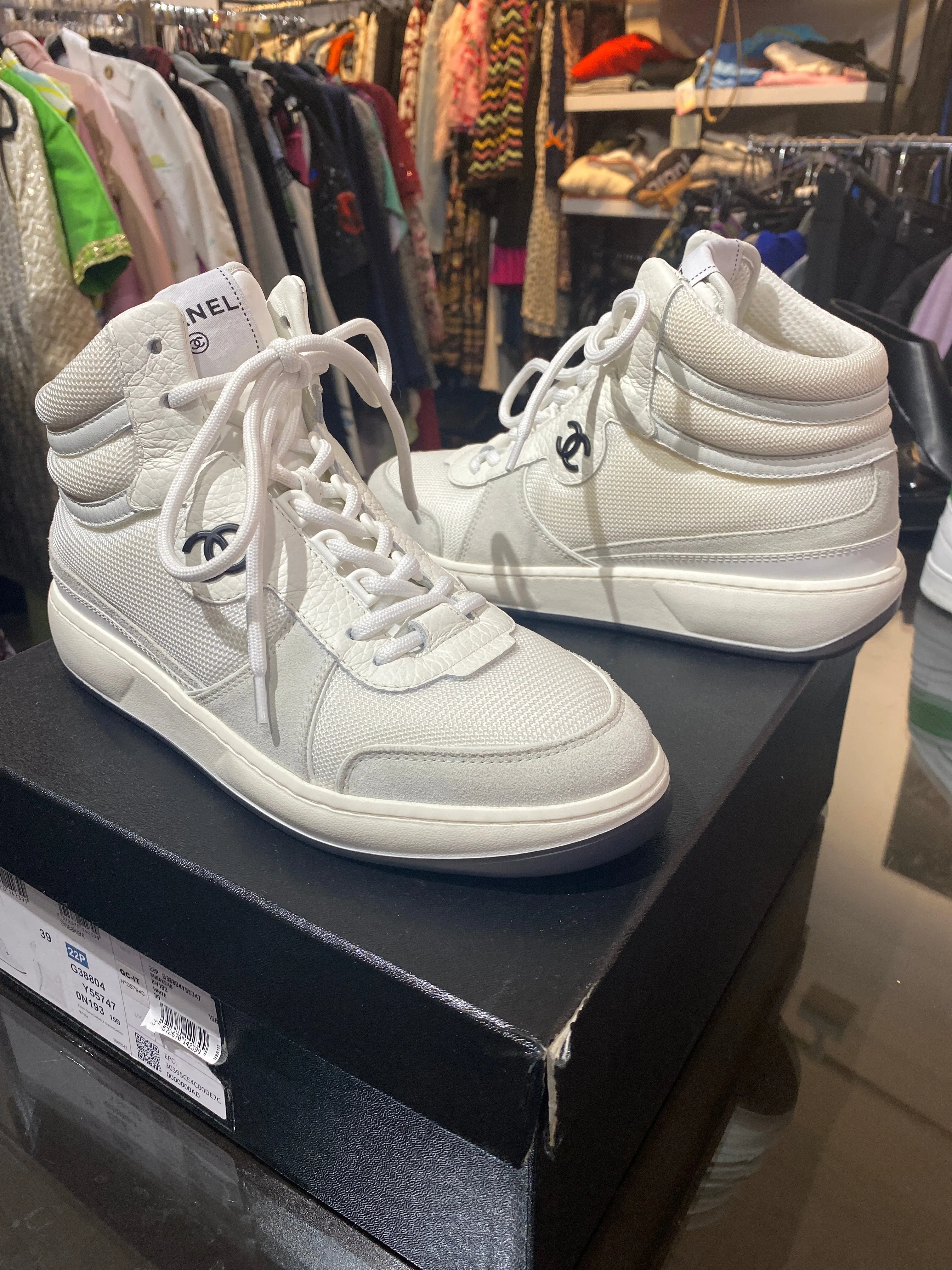 Chanel White Fabric, Suede, Calfskin and & Grained Calfskin High Top Sneaker
