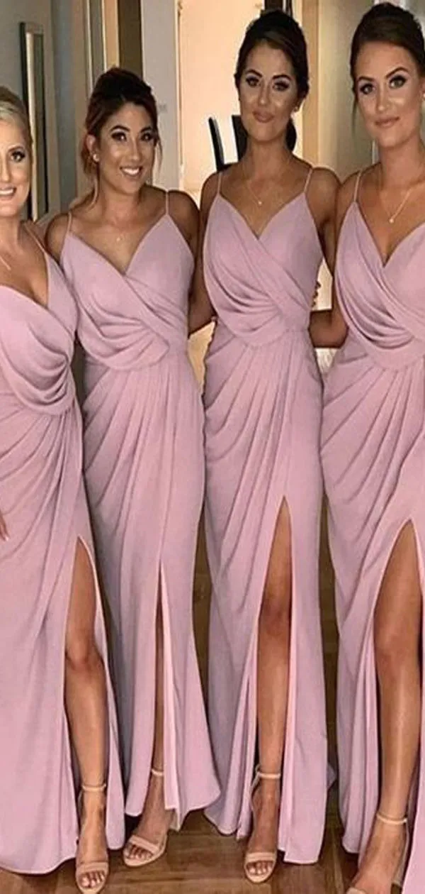 Cheap Long Spaghetti Straps Simple Soft Bridesmaid Dresses WG686