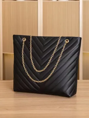 Chevron Chain Shoulder Tote Bag - Black
