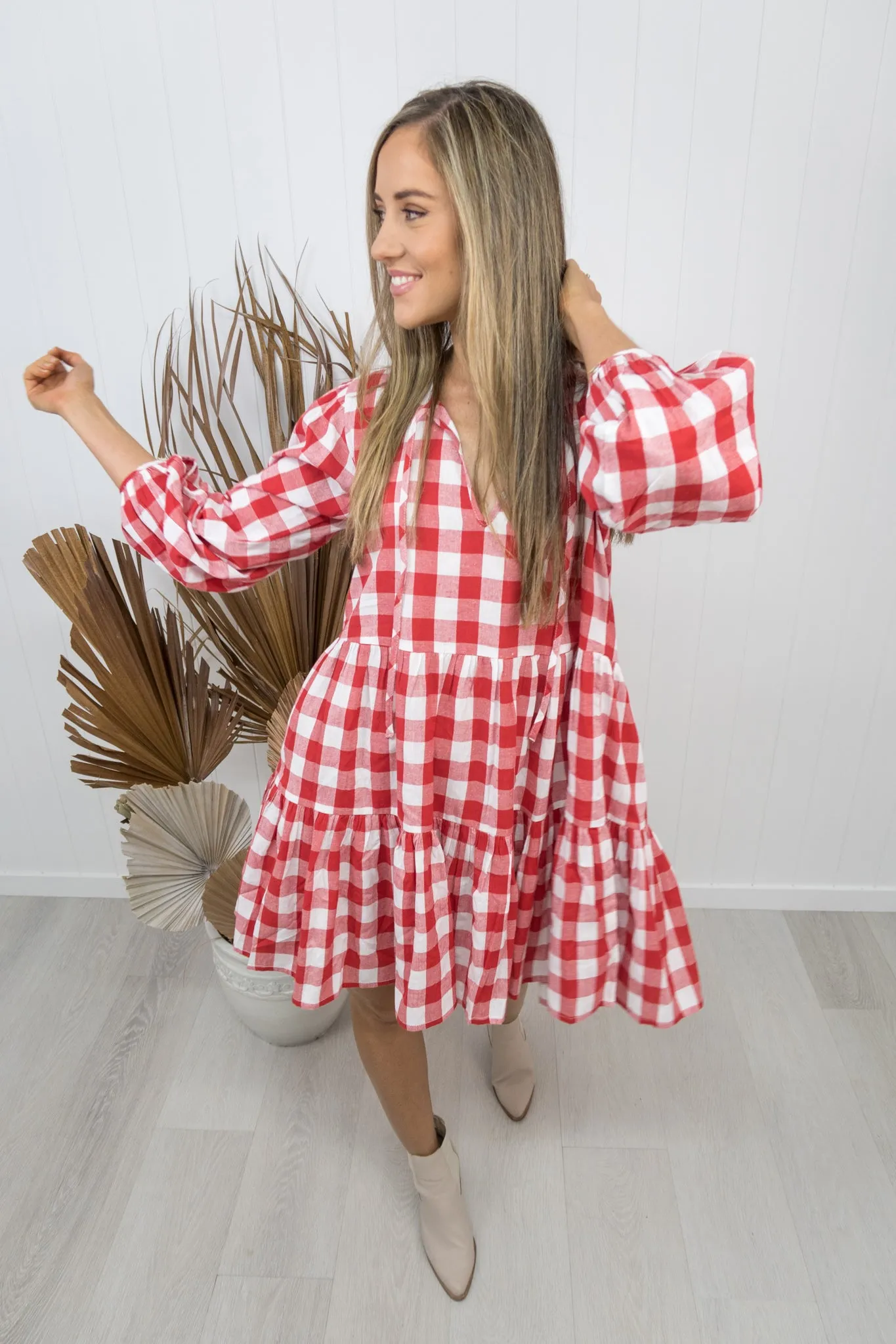 Clara Dress -Gingham red/white