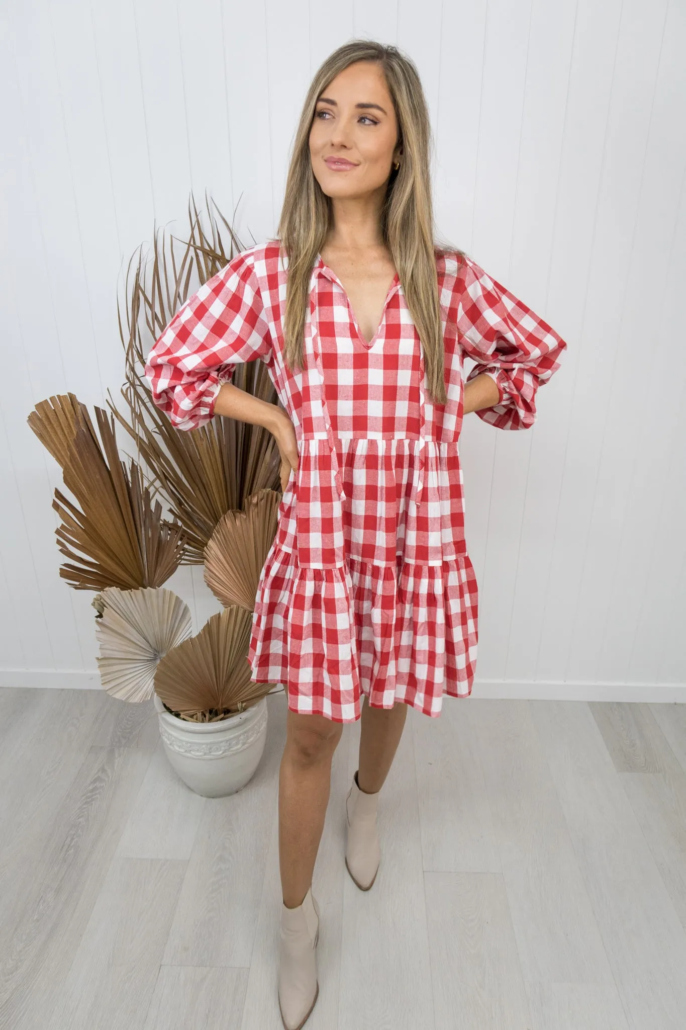 Clara Dress -Gingham red/white