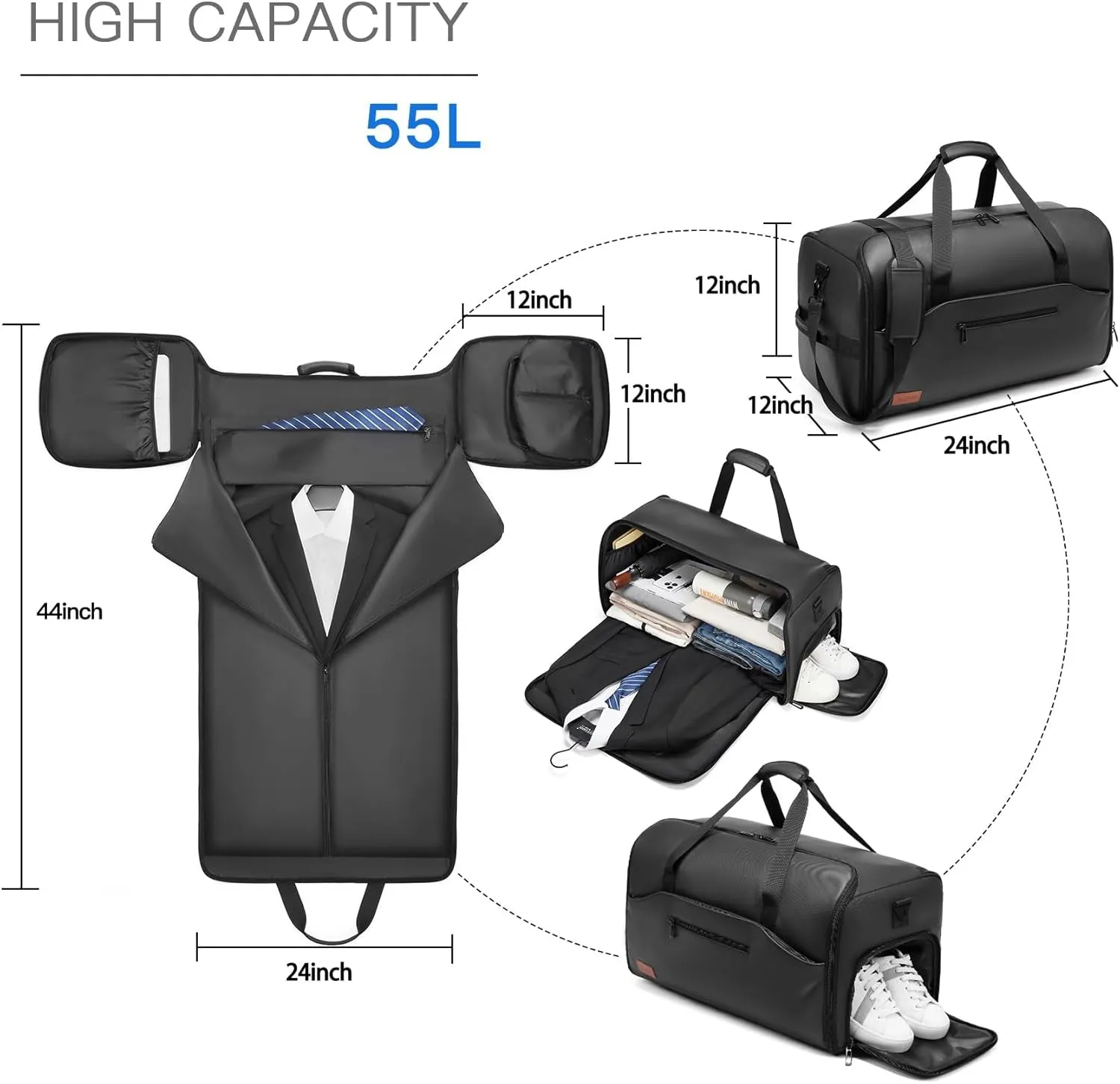 Convertible Travel Garment Bag with Shoe Compartment and Shoulder Strap