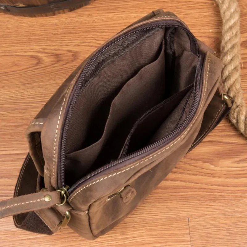Crazy Horse Leather Messenger Bag Men Shoulder Bag Retro Crossbody Bag Casual Satchel