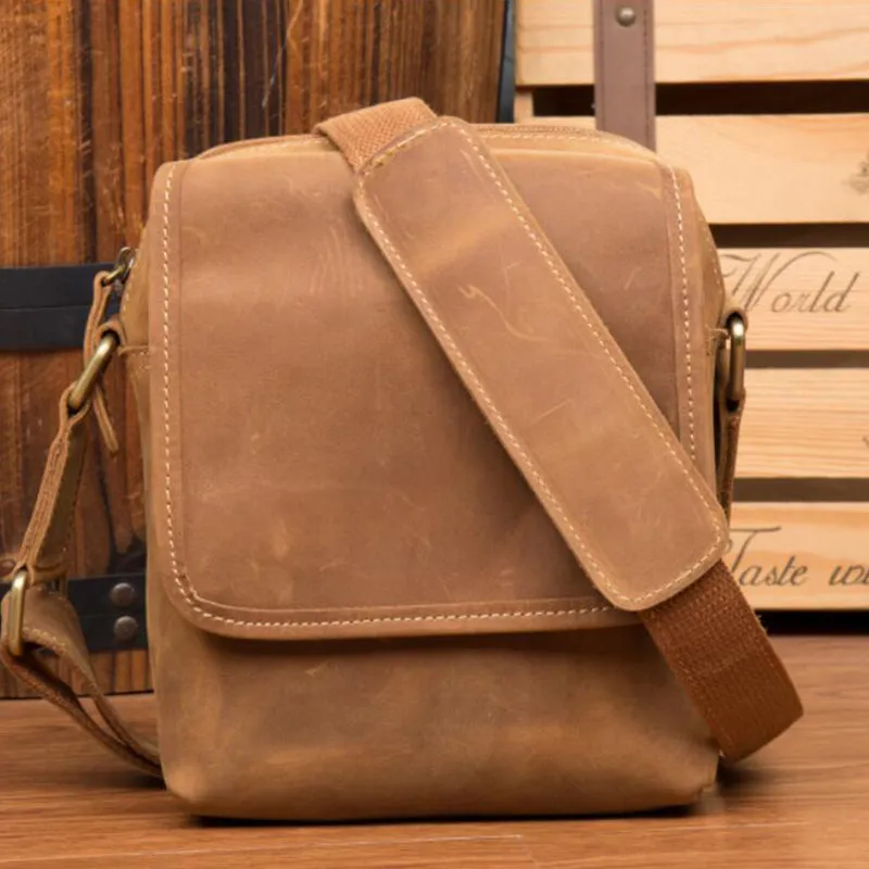 Crazy Horse Leather Messenger Bag Men Shoulder Bag Retro Crossbody Bag Casual Satchel