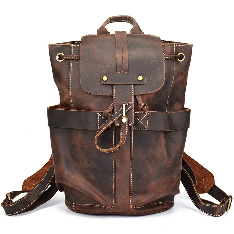 Crazy Horse Leather Travel Backpack Retro Style Full Grain Leather Laptop Backpack For Men