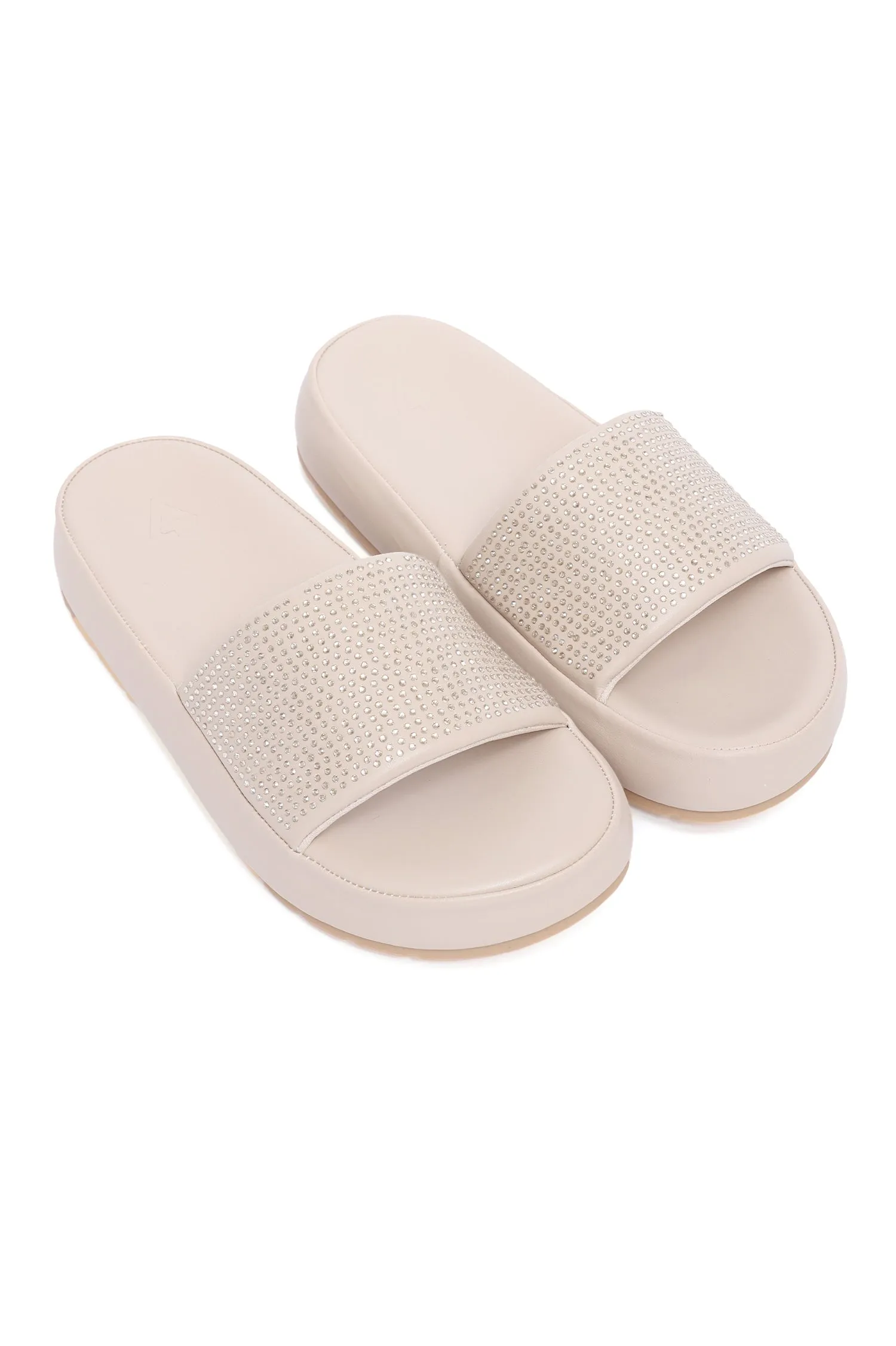 CRYSTAL EMBELLISHED SLIDE-BEIGE