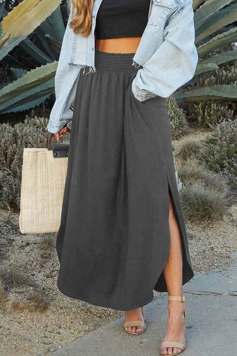 CWBLS041_SMOCKING WAIST MAXI SKIRT WITH SIDE POCKET: Black / (L) 1