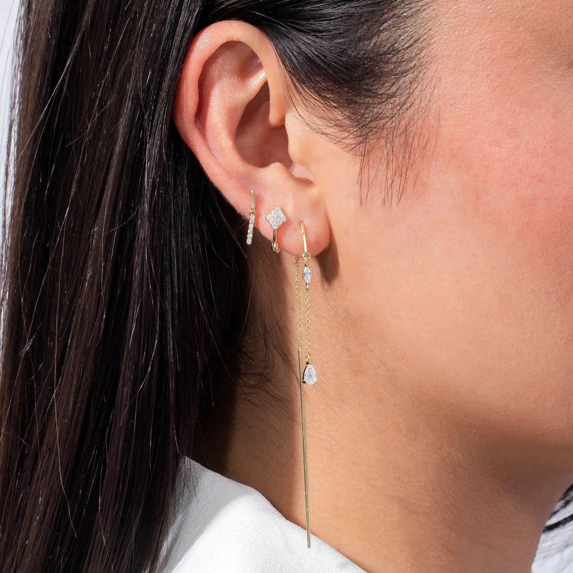 CZ Teardrop Chain Drop Threader Earring