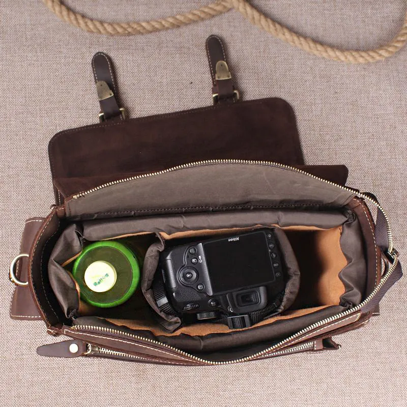 Dark Brown Leather Messenger Bag for Photographers, Travelers & Diaper Bag for Mother 6919