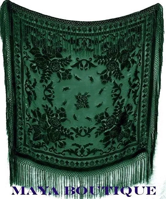 Dark Green Silk Burnout Velvet Piano Shawl Wrap Fringed Scarf Maya Matazaro