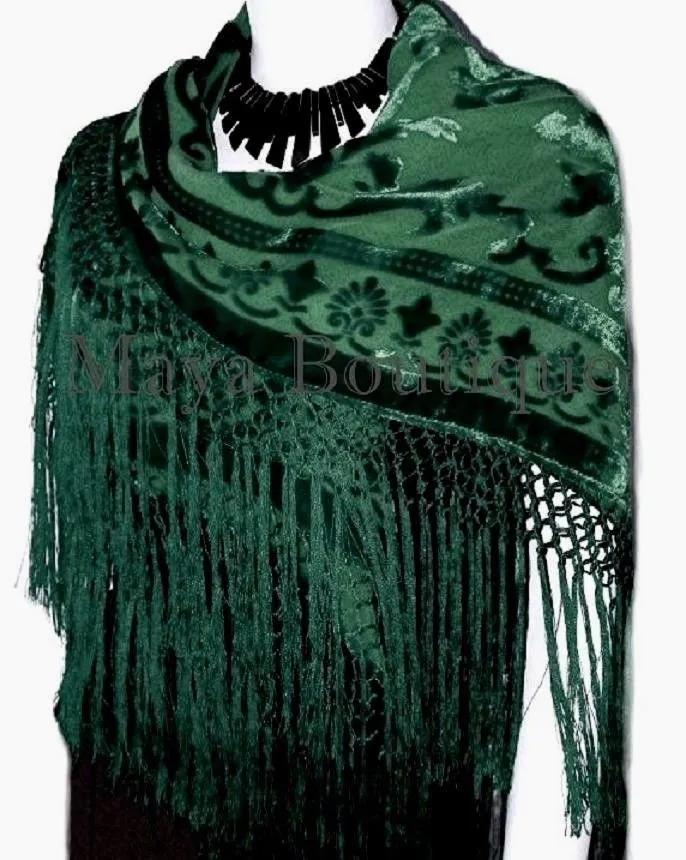 Dark Green Silk Burnout Velvet Piano Shawl Wrap Fringed Scarf Maya Matazaro