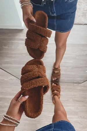 DEAL Comfy Is The New Cool Brown Furry Slipper Slides