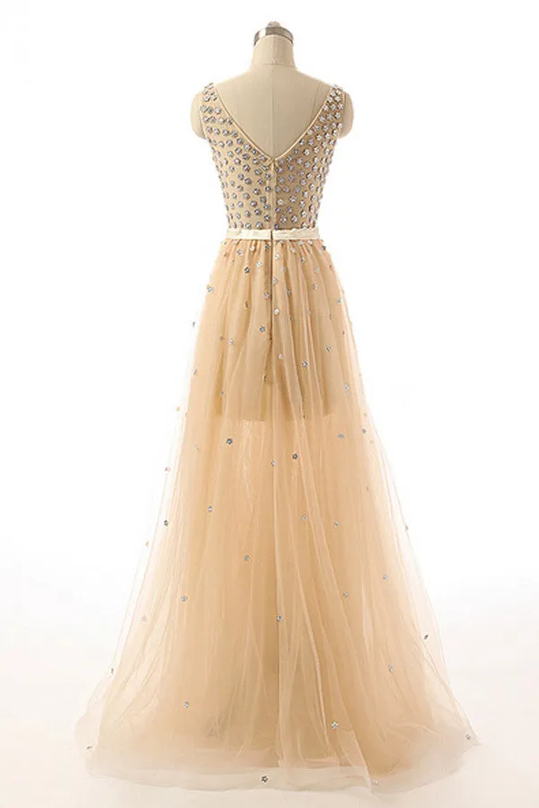 Deep V-neck Beaded Modest Long Prom Evening Dress 15