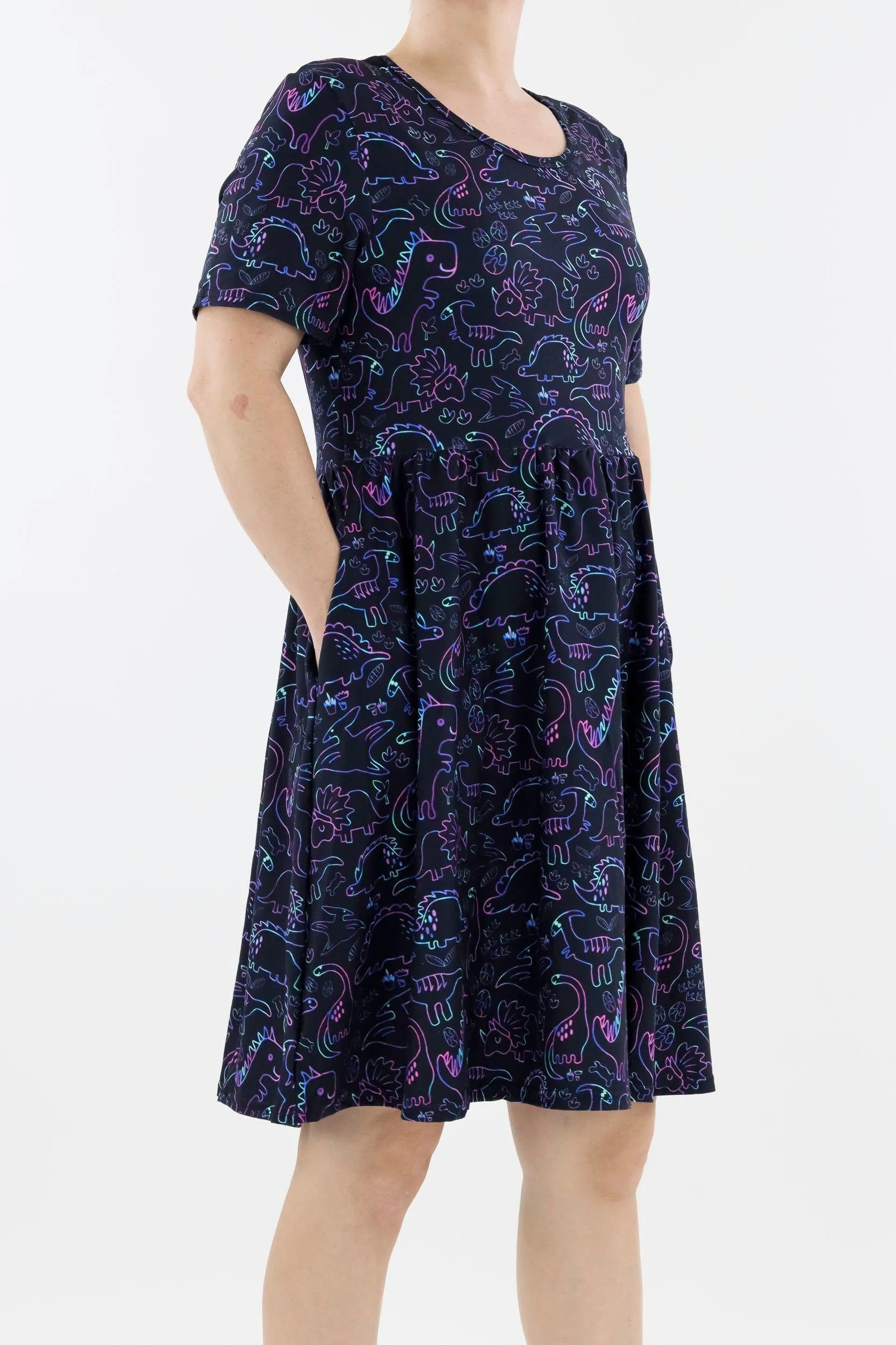 Dinosaur Party - Short Sleeve Skater Dress - Knee Length - Side Pockets - Old Sizing