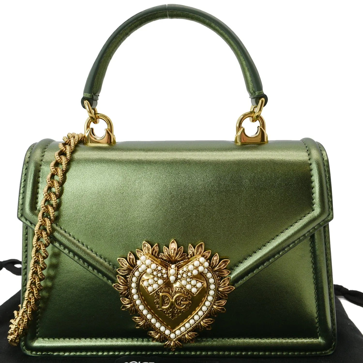 DOLCE & GABBANA Small Devotion Nappa Mordore Leather Top Handle Shoulder Bag Green - 10% Off