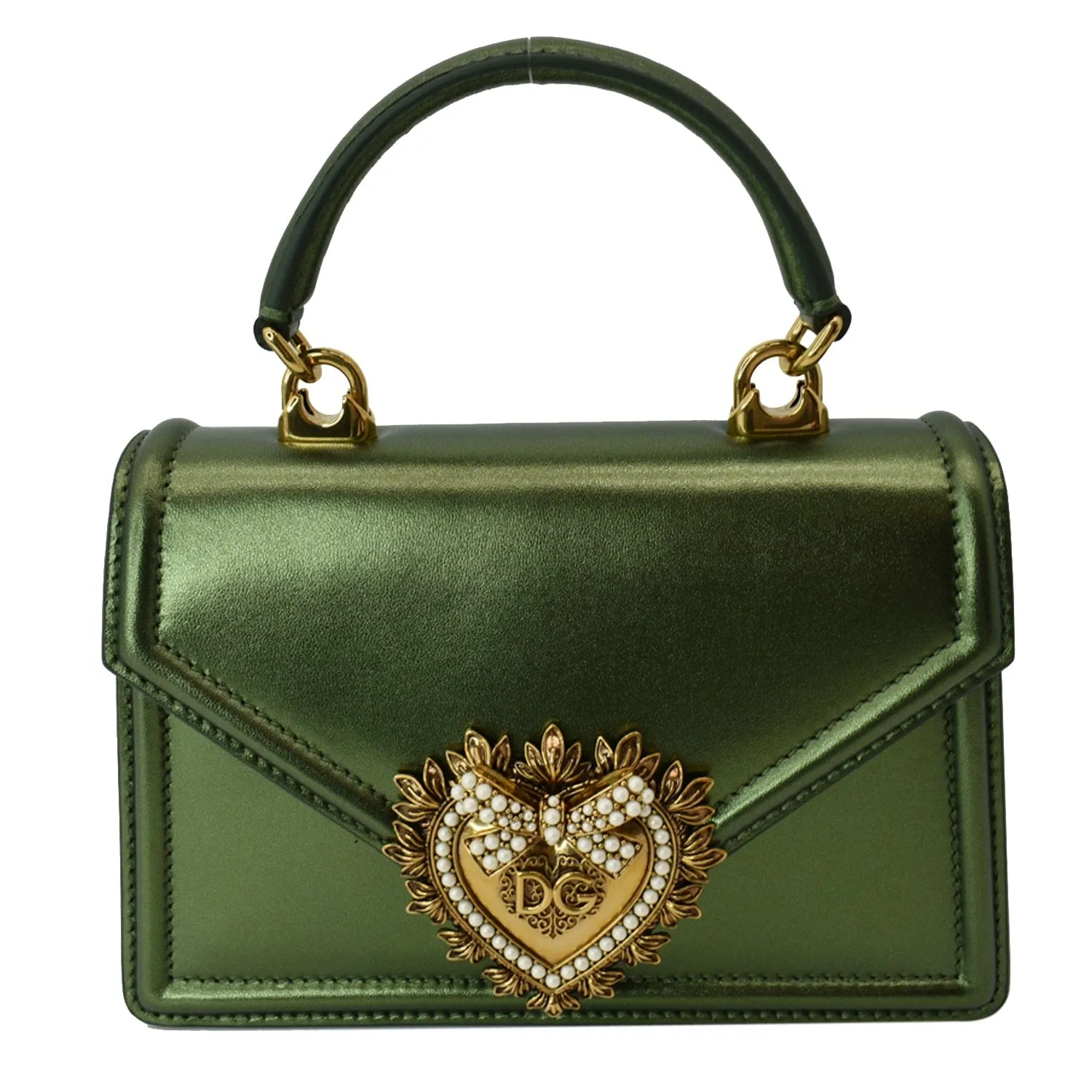 DOLCE & GABBANA Small Devotion Nappa Mordore Leather Top Handle Shoulder Bag Green - 10% Off
