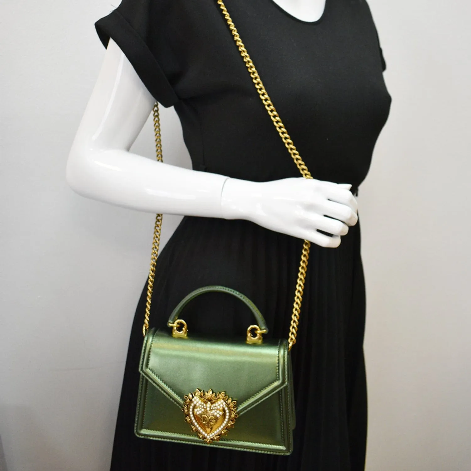 DOLCE & GABBANA Small Devotion Nappa Mordore Leather Top Handle Shoulder Bag Green - 10% Off