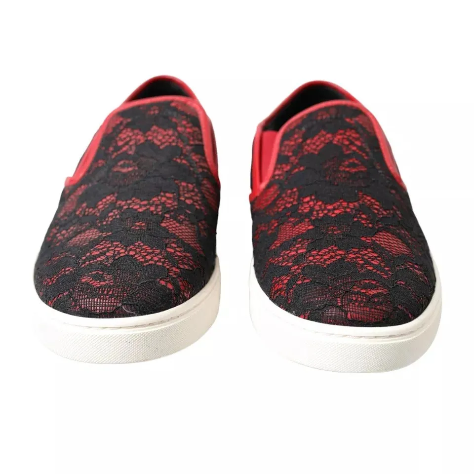 Dolce&Gabbana Women Red Loafers Leather Floral Lace Flat Slip On Shoes Sz EUR 40
