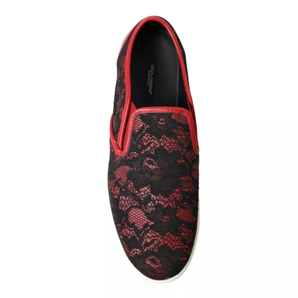 Dolce&Gabbana Women Red Loafers Leather Floral Lace Flat Slip On Shoes Sz EUR 40