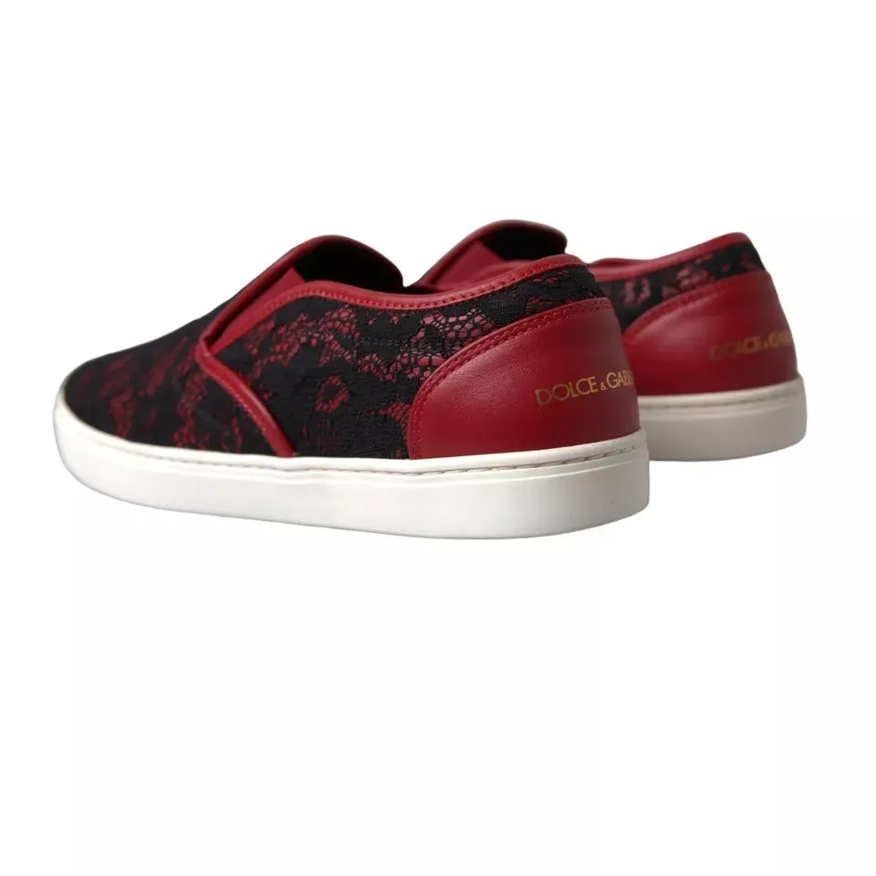 Dolce&Gabbana Women Red Loafers Leather Floral Lace Flat Slip On Shoes Sz EUR 40