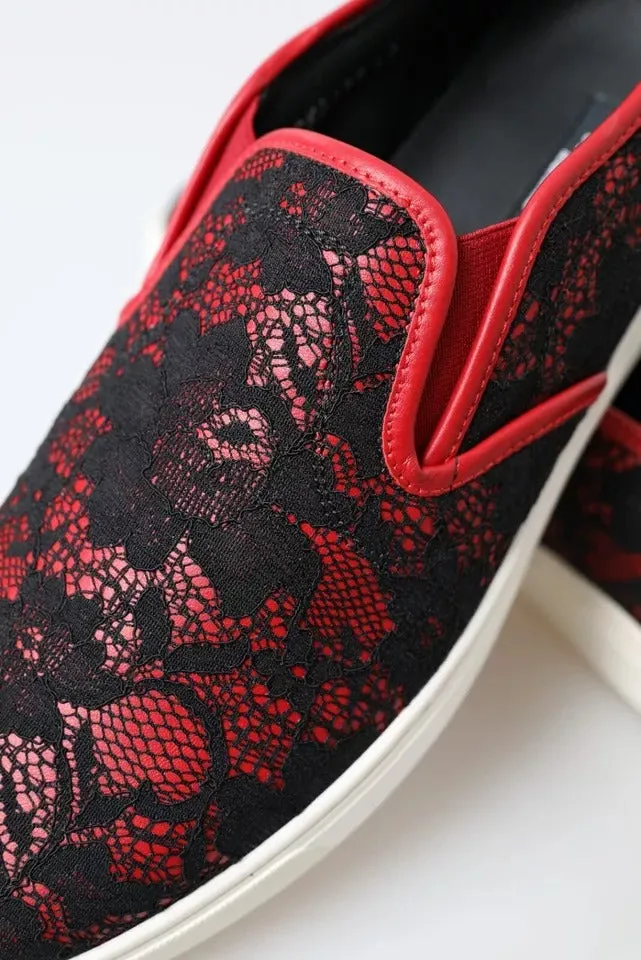 Dolce&Gabbana Women Red Loafers Leather Floral Lace Flat Slip On Shoes Sz EUR 40