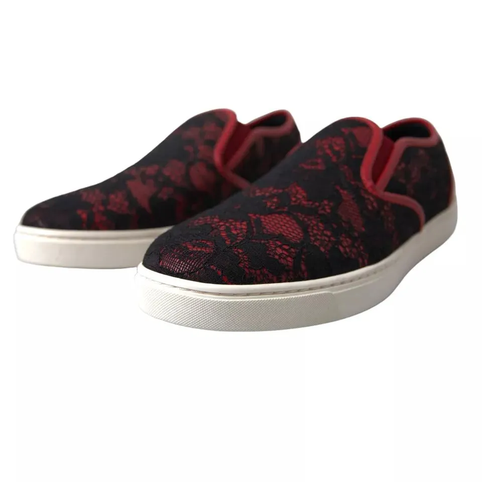 Dolce&Gabbana Women Red Loafers Leather Floral Lace Flat Slip On Shoes Sz EUR 40