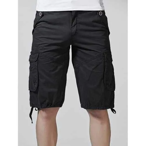 Drawstring Hem Multi Pockets Zip Fly Cargo Shorts - Black 34