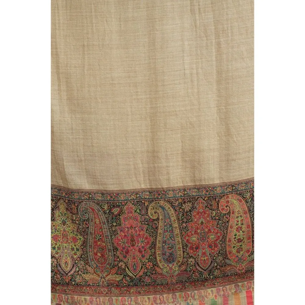 Dusala India Pashmina Wool Beige In Antique Jamawar Border with Paisley Work Shawl