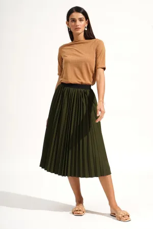 Elastic Waistband Pleated Midi Skirt