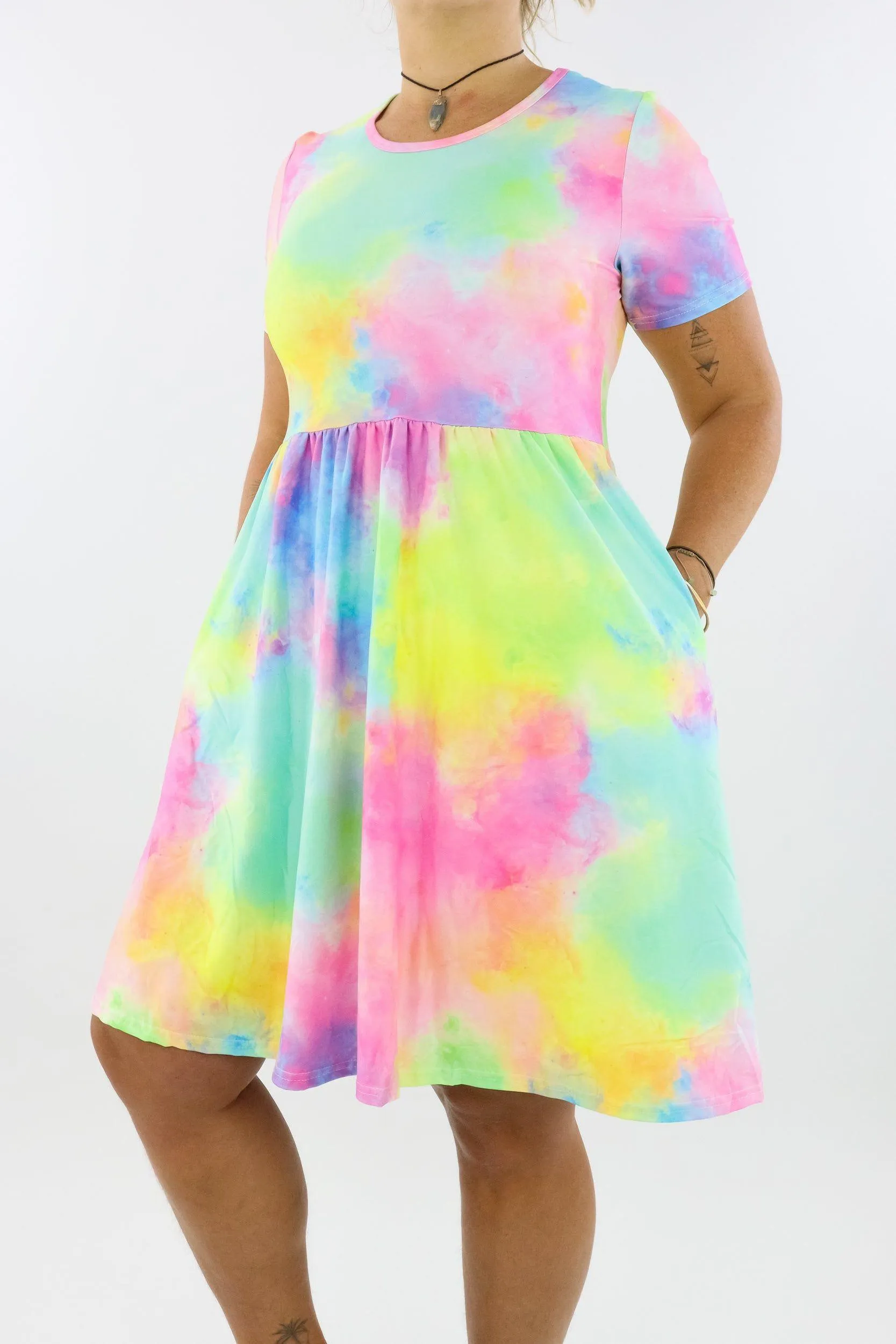 Fairy Floss - Short Sleeve Skater Dress - Knee Length - Side Pockets